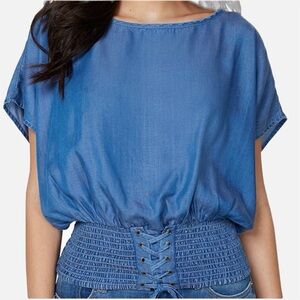 Dizzire Lyocell Chambray Corset Smock Elastic Waist Blouse BoHo Hippie Festival